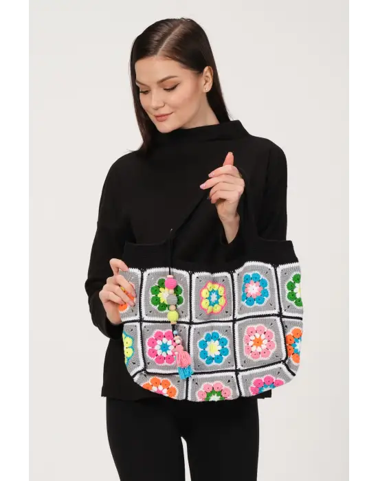 El Örgüsü Çanta,Kare Motifli Çanta,Kadın Çanta,Omuz Çanta,El Yapımı Örme Çanta