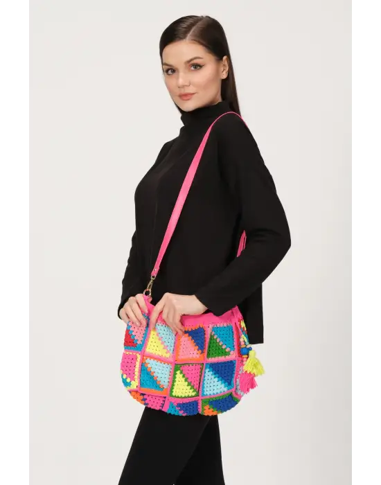 El Örgüsü Çanta,Kare Motifli Çanta,Kadın Çanta,Omuz Çanta,El Yapımı Örme Çanta