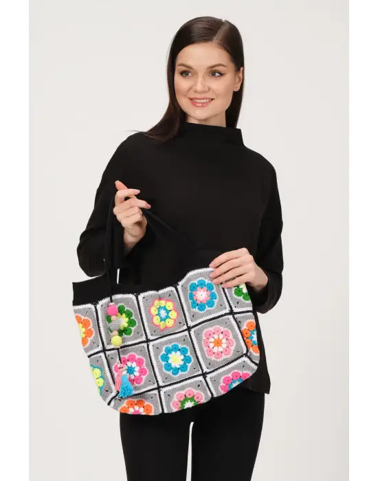 El Örgüsü Çanta,Kare Motifli Çanta,Kadın Çanta,Omuz Çanta,El Yapımı Örme Çanta