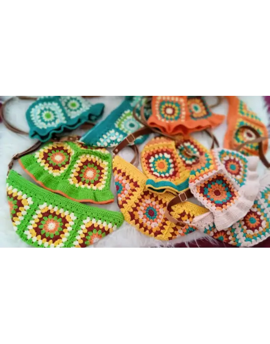 El Örgüsü Çanta ve Bere Takım ,Kare Motifli Çanta,Kadın Çanta,Omuz Çanta,El Yapımı Örme Çanta