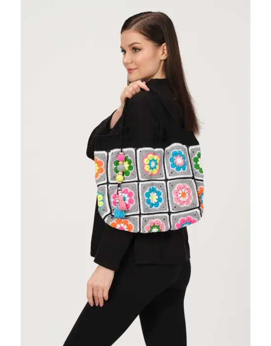 El Örgüsü Çanta,Kare Motifli Çanta,Kadın Çanta,Omuz Çanta,El Yapımı Örme Çanta