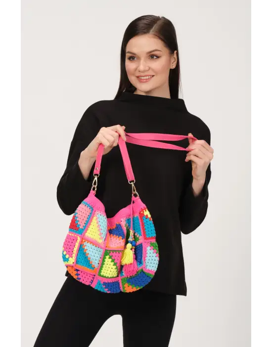 El Örgüsü Çanta,Kare Motifli Çanta,Kadın Çanta,Omuz Çanta,El Yapımı Örme Çanta