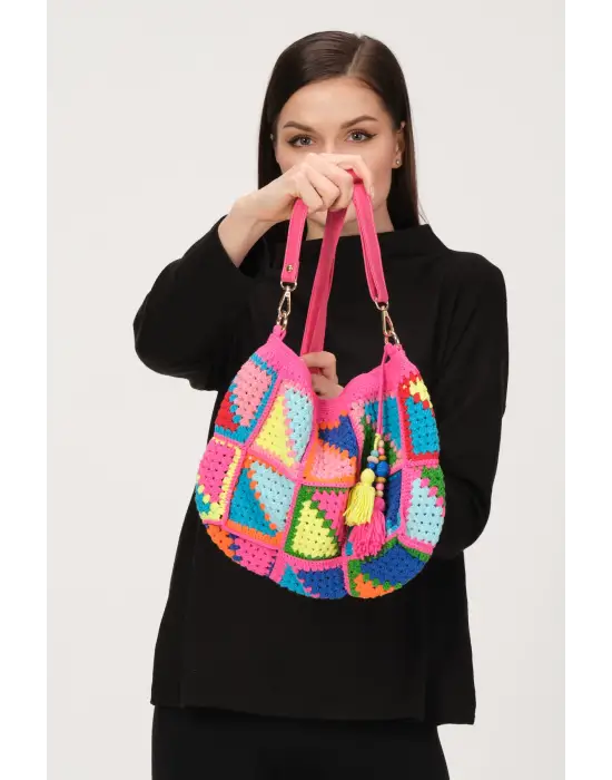 El Örgüsü Çanta,Kare Motifli Çanta,Kadın Çanta,Omuz Çanta,El Yapımı Örme Çanta