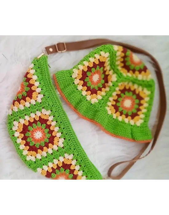 El Örgüsü Çanta ve Bere Takım ,Kare Motifli Çanta,Kadın Çanta,Omuz Çanta,El Yapımı Örme Çanta