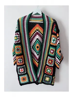 Kare Motifli Renkli Tarz Elörgü Hırka Ceket 36-42 Beden Uyumlu