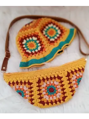 El Örgüsü Çanta ve Bere Takım ,Kare Motifli Çanta,Kadın Çanta,Omuz Çanta,El Yapımı Örme Çanta