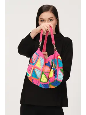 El Örgüsü Çanta,Kare Motifli Çanta,Kadın Çanta,Omuz Çanta,El Yapımı Örme Çanta