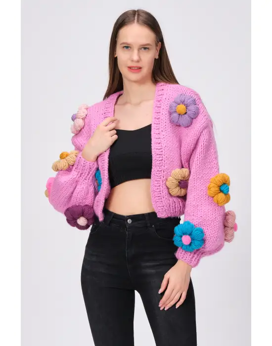 Siparişe Özel Pembe Kısa Papatya Hırka,Crop El Örgüsü Papatya Hırka, Kısa Crop Top