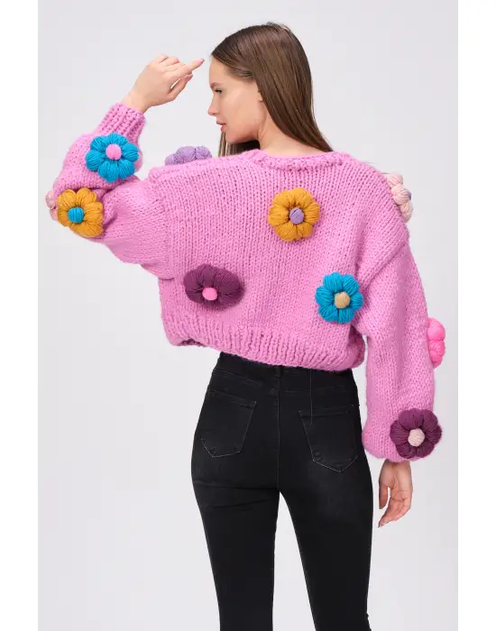 Siparişe Özel Pembe Kısa Papatya Hırka,Crop El Örgüsü Papatya Hırka, Kısa Crop Top