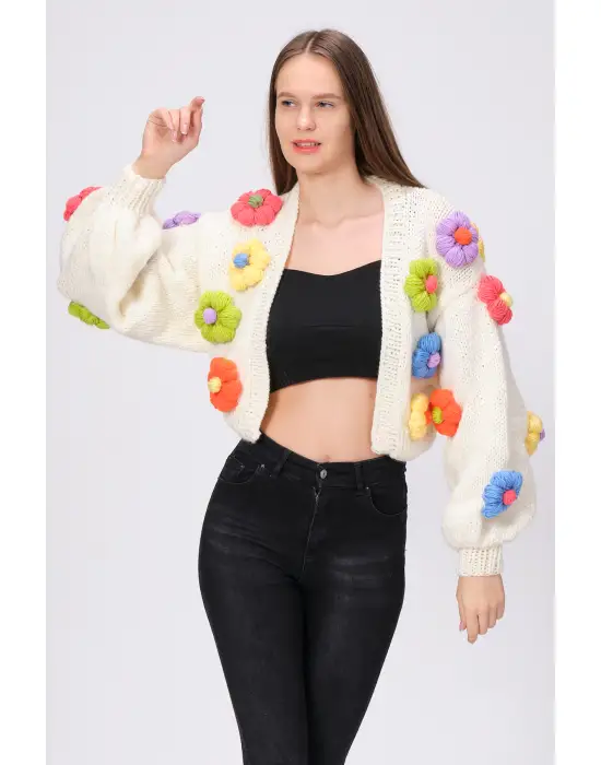 Siparişe Özel Crop El Örgüsü Papatya Hırka,Kısa Crop Top,Bej Papatya Hırka,Yün Kısa Papatya Hırka