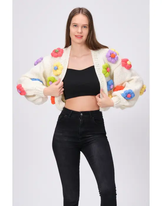 Siparişe Özel Crop El Örgüsü Papatya Hırka,Kısa Crop Top,Bej Papatya Hırka,Yün Kısa Papatya Hırka