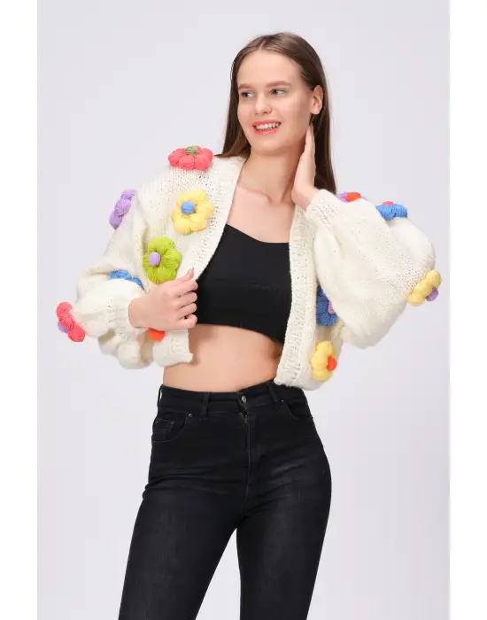 Siparişe Özel Crop El Örgüsü Papatya Hırka,Kısa Crop Top,Bej Papatya Hırka,Yün Kısa Papatya Hırka