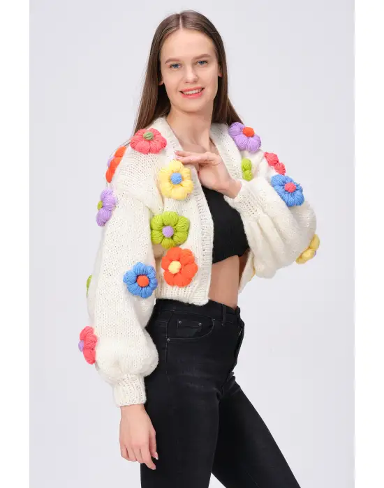 Siparişe Özel Crop El Örgüsü Papatya Hırka,Kısa Crop Top,Bej Papatya Hırka,Yün Kısa Papatya Hırka