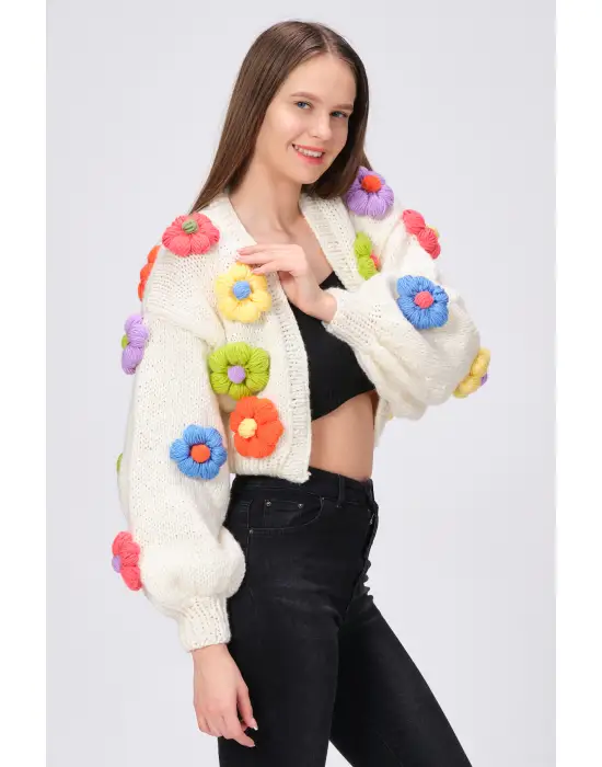 Siparişe Özel Crop El Örgüsü Papatya Hırka,Kısa Crop Top,Bej Papatya Hırka,Yün Kısa Papatya Hırka