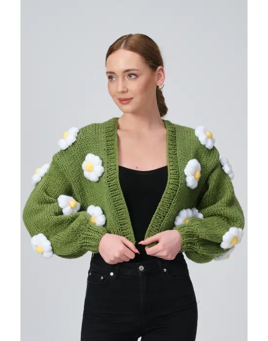 Siparişe Özel Crop El Örgüsü Papatya Hırka,Kısa Crop Top,Yeşil Papatya Hırka,Yün Kısa Papatya Hırka