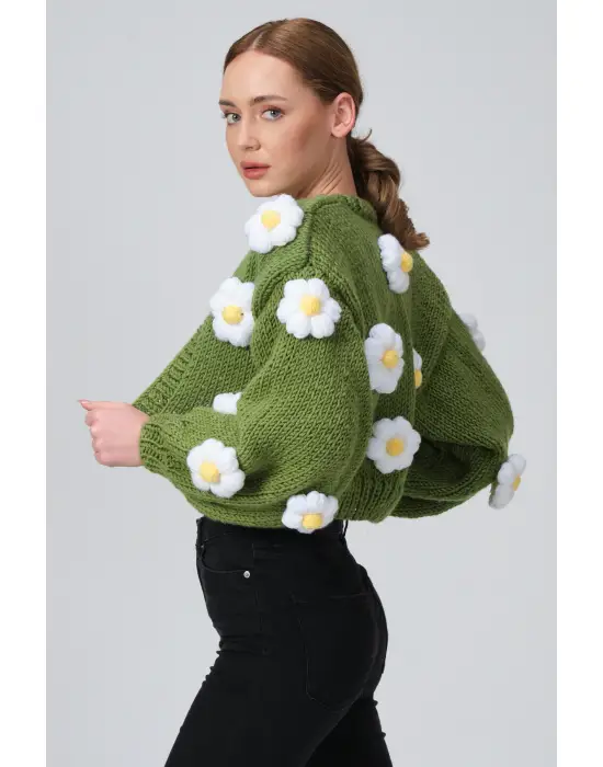 Siparişe Özel Crop El Örgüsü Papatya Hırka,Kısa Crop Top,Yeşil Papatya Hırka,Yün Kısa Papatya Hırka