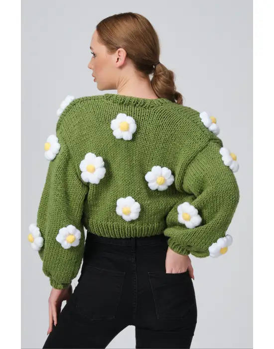 Siparişe Özel Crop El Örgüsü Papatya Hırka,Kısa Crop Top,Yeşil Papatya Hırka,Yün Kısa Papatya Hırka