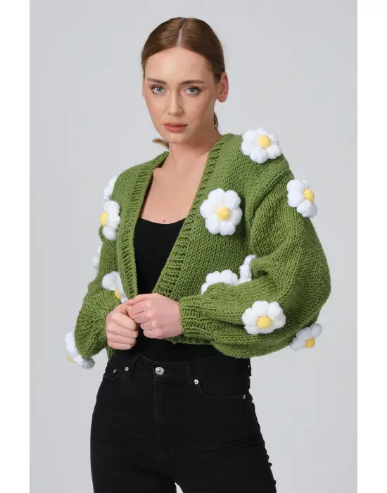 Siparişe Özel Crop El Örgüsü Papatya Hırka,Kısa Crop Top,Yeşil Papatya Hırka,Yün Kısa Papatya Hırka