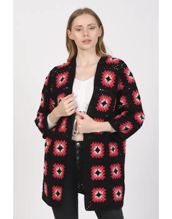 Tığ İşi El Örgüsü Kare Motifli Hırka