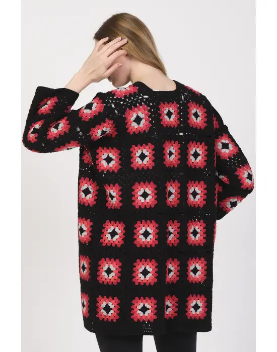 Tığ İşi El Örgüsü Kare Motifli Hırka