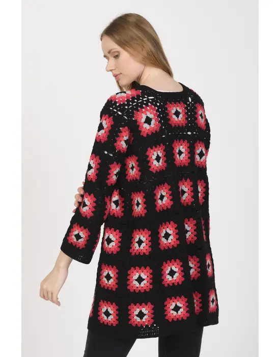 Tığ İşi El Örgüsü Kare Motifli Hırka