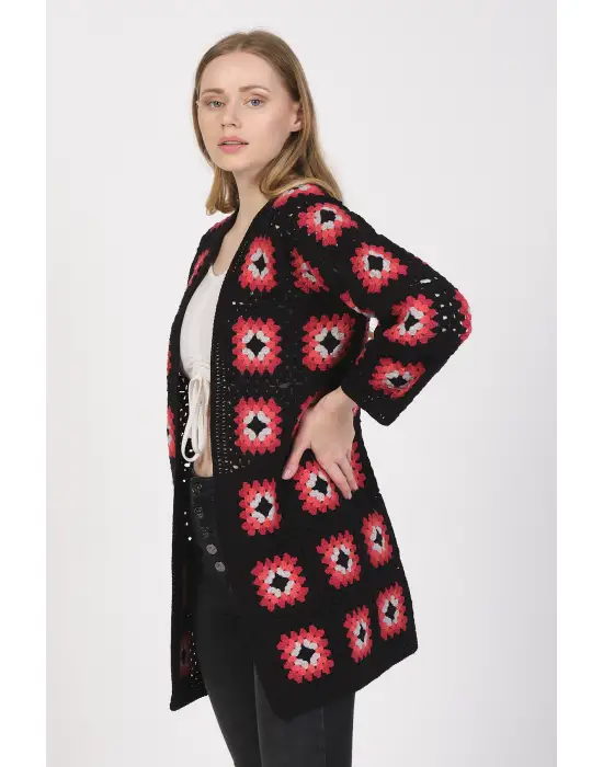 Tığ İşi El Örgüsü Kare Motifli Hırka