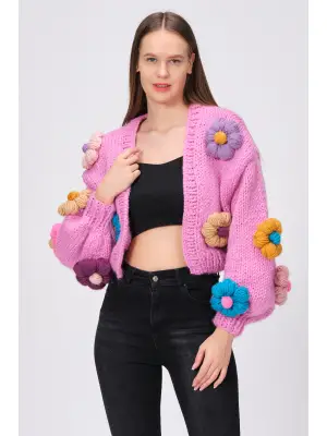 Siparişe Özel Pembe Kısa Papatya Hırka,Crop El Örgüsü Papatya Hırka, Kısa Crop Top