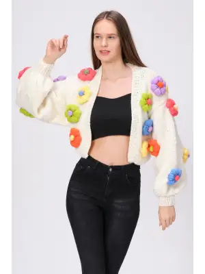 Siparişe Özel Crop El Örgüsü Papatya Hırka,Kısa Crop Top,Bej Papatya Hırka,Yün Kısa Papatya Hırka