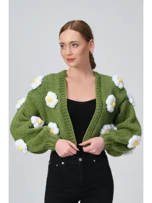 Siparişe Özel Crop El Örgüsü Papatya Hırka,Kısa Crop Top,Yeşil Papatya Hırka,Yün Kısa Papatya Hırka