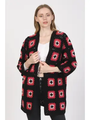 Tığ İşi El Örgüsü Kare Motifli Hırka