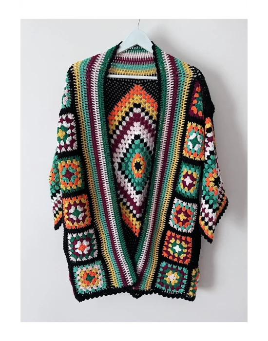 Kare Motifli Renkli Tarz Elörgü Hırka Ceket 36-42 Beden Uyumlu Siparişe Göre Üretim