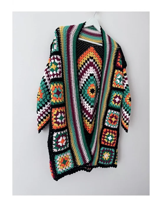 Kare Motifli Renkli Tarz Elörgü Hırka Ceket 36-42 Beden Uyumlu Siparişe Göre Üretim