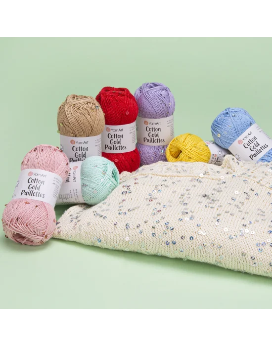 YarnArt Cotton Gold Paillettes – Işıltılı Pullu Pamuklu El Örgü İpi 50g | Yazlık Şal, Bluz, Aksesuar İçin Hafif ve Parlak İplik