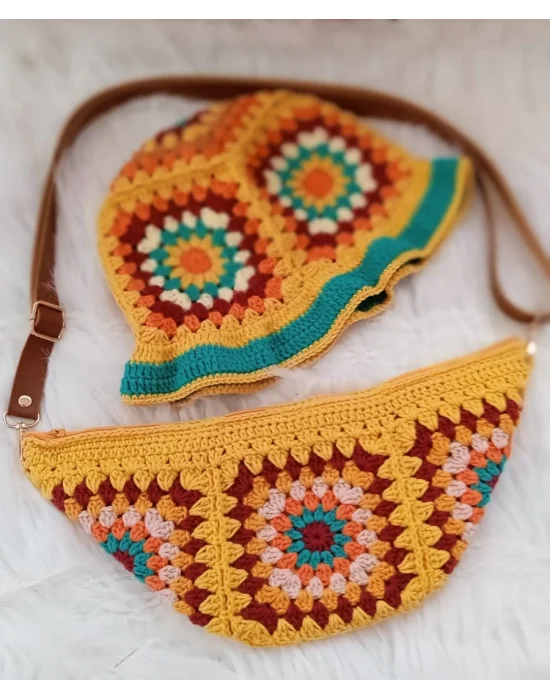 El Örgüsü Çanta ve Bere Takım ,Kare Motifli Çanta,Kadın Çanta,Omuz Çanta,El Yapımı Örme Çanta