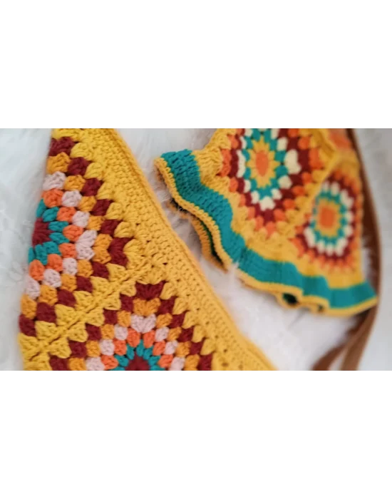 El Örgüsü Çanta ve Bere Takım ,Kare Motifli Çanta,Kadın Çanta,Omuz Çanta,El Yapımı Örme Çanta