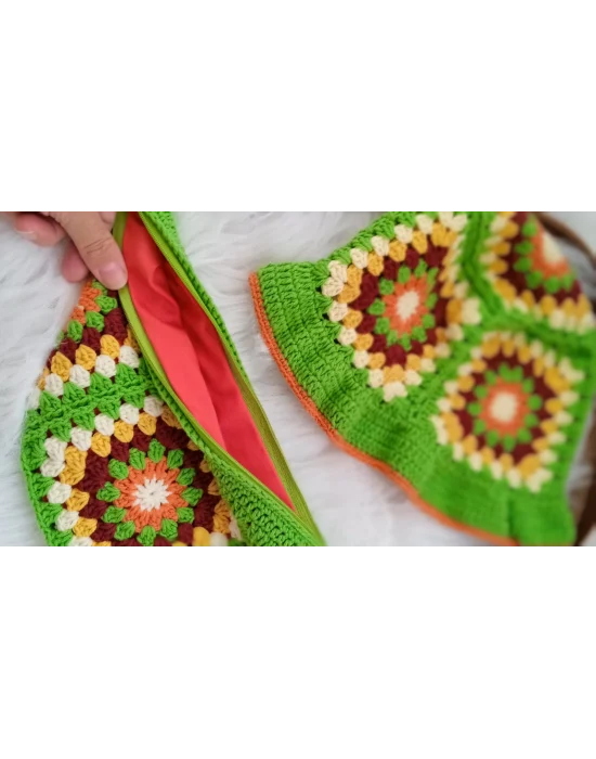 El Örgüsü Çanta ve Bere Takım ,Kare Motifli Çanta,Kadın Çanta,Omuz Çanta,El Yapımı Örme Çanta