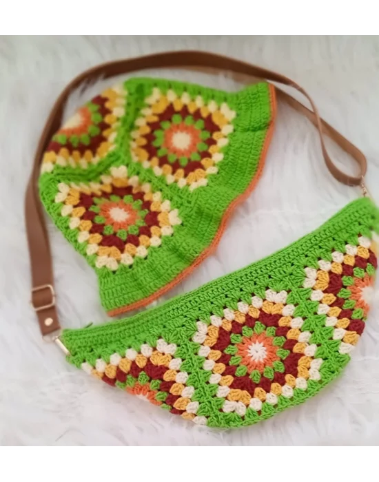 El Örgüsü Çanta ve Bere Takım ,Kare Motifli Çanta,Kadın Çanta,Omuz Çanta,El Yapımı Örme Çanta