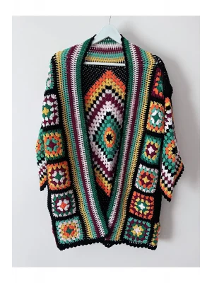 Kare Motifli Renkli Tarz Elörgü Hırka Ceket 36-42 Beden Uyumlu Siparişe Göre Üretim