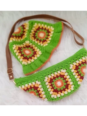 El Örgüsü Çanta ve Bere Takım ,Kare Motifli Çanta,Kadın Çanta,Omuz Çanta,El Yapımı Örme Çanta