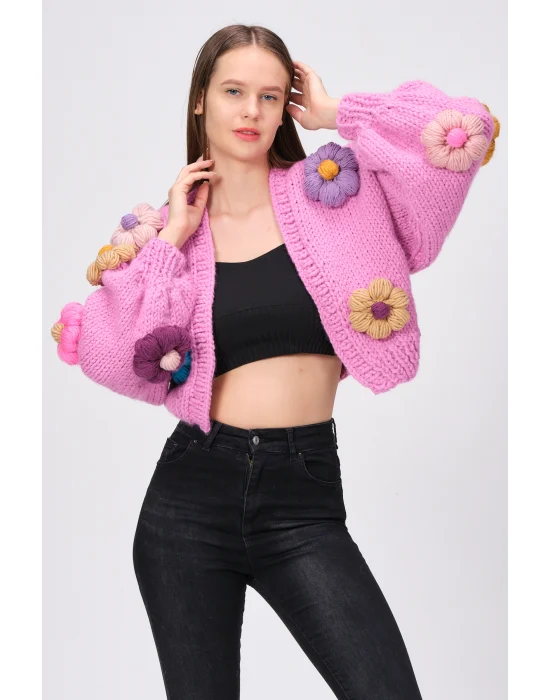 Siparişe Özel Pembe Kısa Papatya Hırka,Crop El Örgüsü Papatya Hırka, Kısa Crop Top