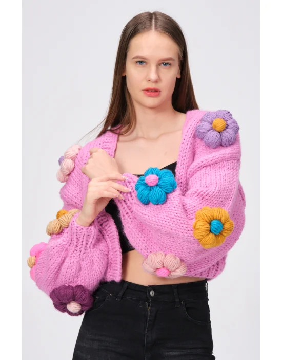 Siparişe Özel Pembe Kısa Papatya Hırka,Crop El Örgüsü Papatya Hırka, Kısa Crop Top