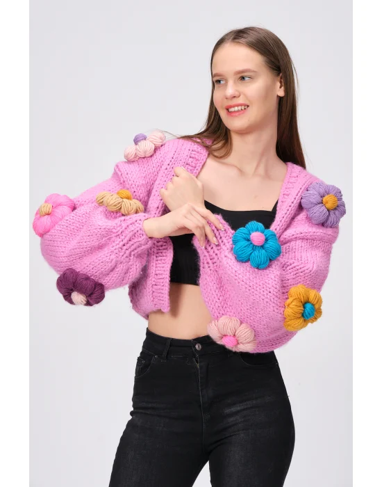 Siparişe Özel Pembe Kısa Papatya Hırka,Crop El Örgüsü Papatya Hırka, Kısa Crop Top