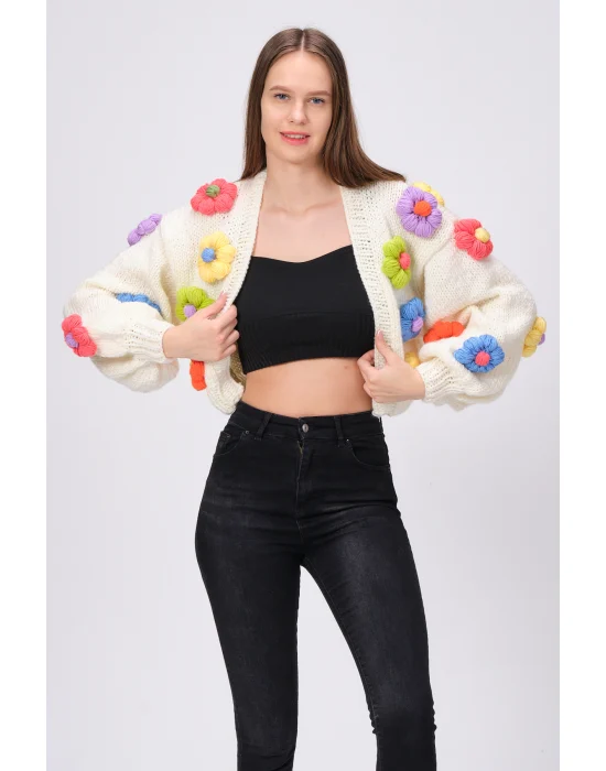 Siparişe Özel Crop El Örgüsü Papatya Hırka,Kısa Crop Top,Bej Papatya Hırka,Yün Kısa Papatya Hırka