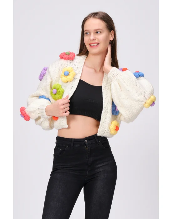 Siparişe Özel Crop El Örgüsü Papatya Hırka,Kısa Crop Top,Bej Papatya Hırka,Yün Kısa Papatya Hırka