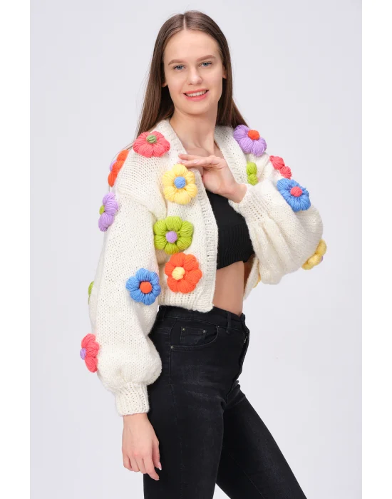 Siparişe Özel Crop El Örgüsü Papatya Hırka,Kısa Crop Top,Bej Papatya Hırka,Yün Kısa Papatya Hırka