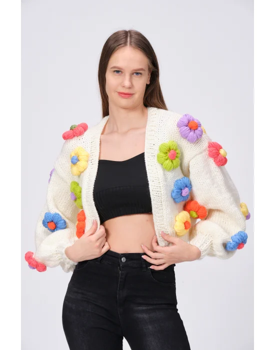 Siparişe Özel Crop El Örgüsü Papatya Hırka,Kısa Crop Top,Bej Papatya Hırka,Yün Kısa Papatya Hırka