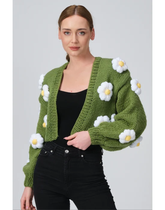 Siparişe Özel Crop El Örgüsü Papatya Hırka,Kısa Crop Top,Yeşil Papatya Hırka,Yün Kısa Papatya Hırka