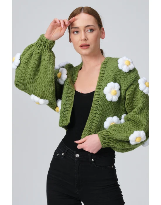 Siparişe Özel Crop El Örgüsü Papatya Hırka,Kısa Crop Top,Yeşil Papatya Hırka,Yün Kısa Papatya Hırka