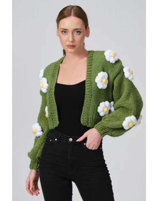 Siparişe Özel Crop El Örgüsü Papatya Hırka,Kısa Crop Top,Yeşil Papatya Hırka,Yün Kısa Papatya Hırka