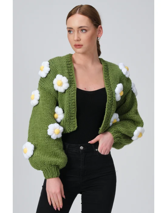 Siparişe Özel Crop El Örgüsü Papatya Hırka,Kısa Crop Top,Yeşil Papatya Hırka,Yün Kısa Papatya Hırka